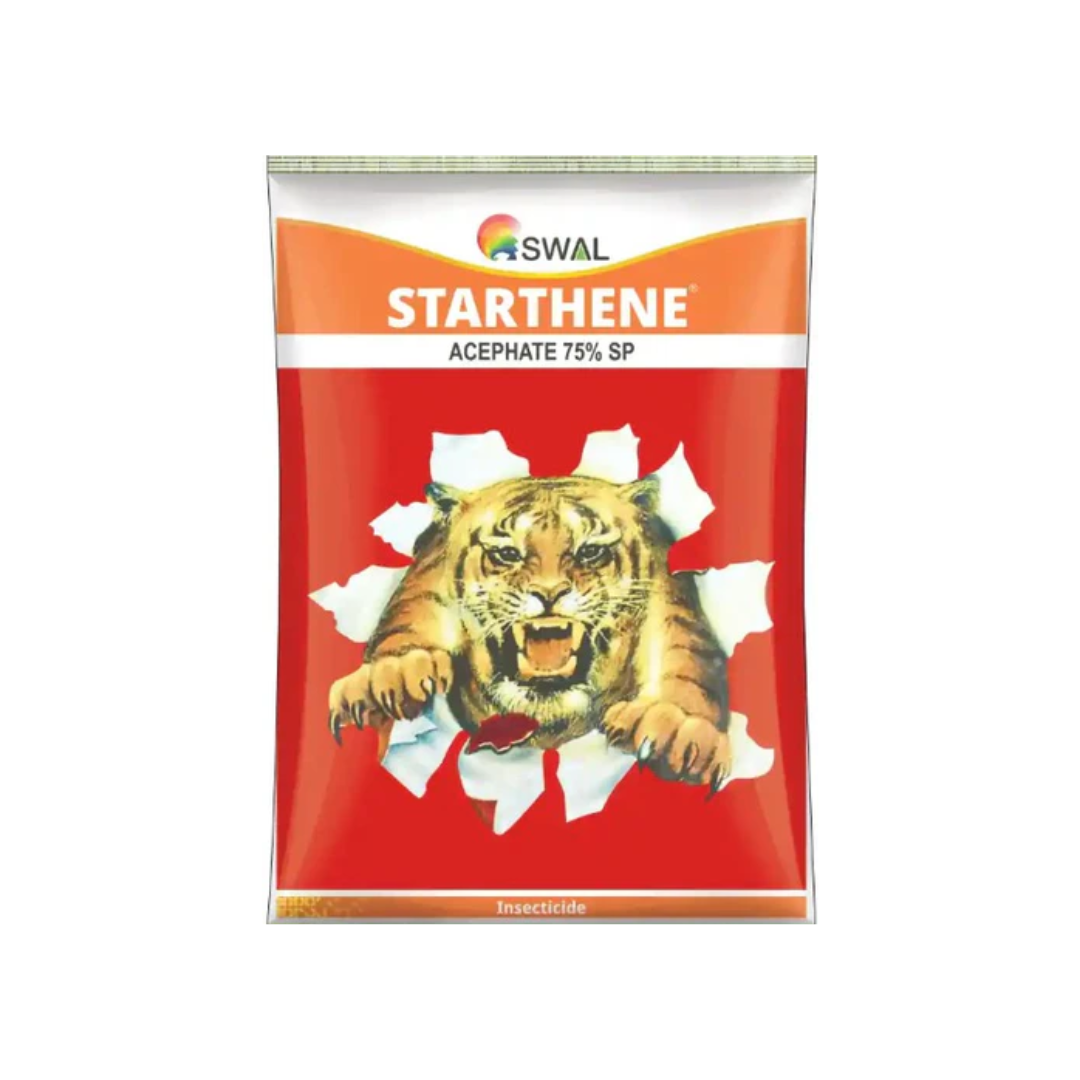Starthene Insecticide by SWAL, formulated with Acephate 75% SP, is a systemic insecticide used to control a wide range of sucking and chewing pests in crops like cotton, paddy, and vegetables, providing effective and long-lasting pest management."