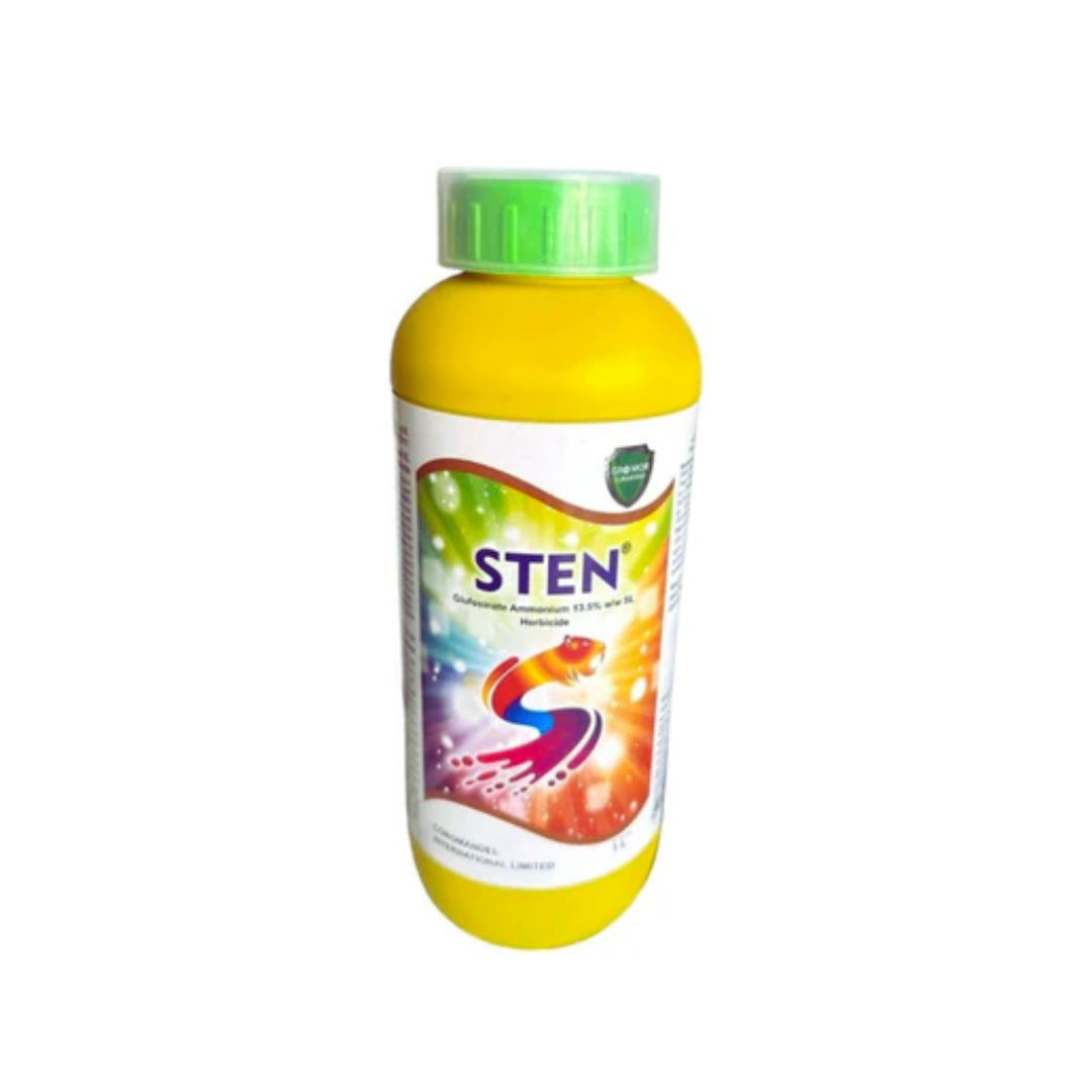 Sten (Glufosinate Ammonium 13.5% SL) herbicide bottle by Coromandel, a non-selective contact herbicide used for effective post-emergence weed control. Designed to manage a broad spectrum of annual and perennial weeds in crops, plantations, and non-crop areas, ensuring cleaner fields and improved crop growth.
