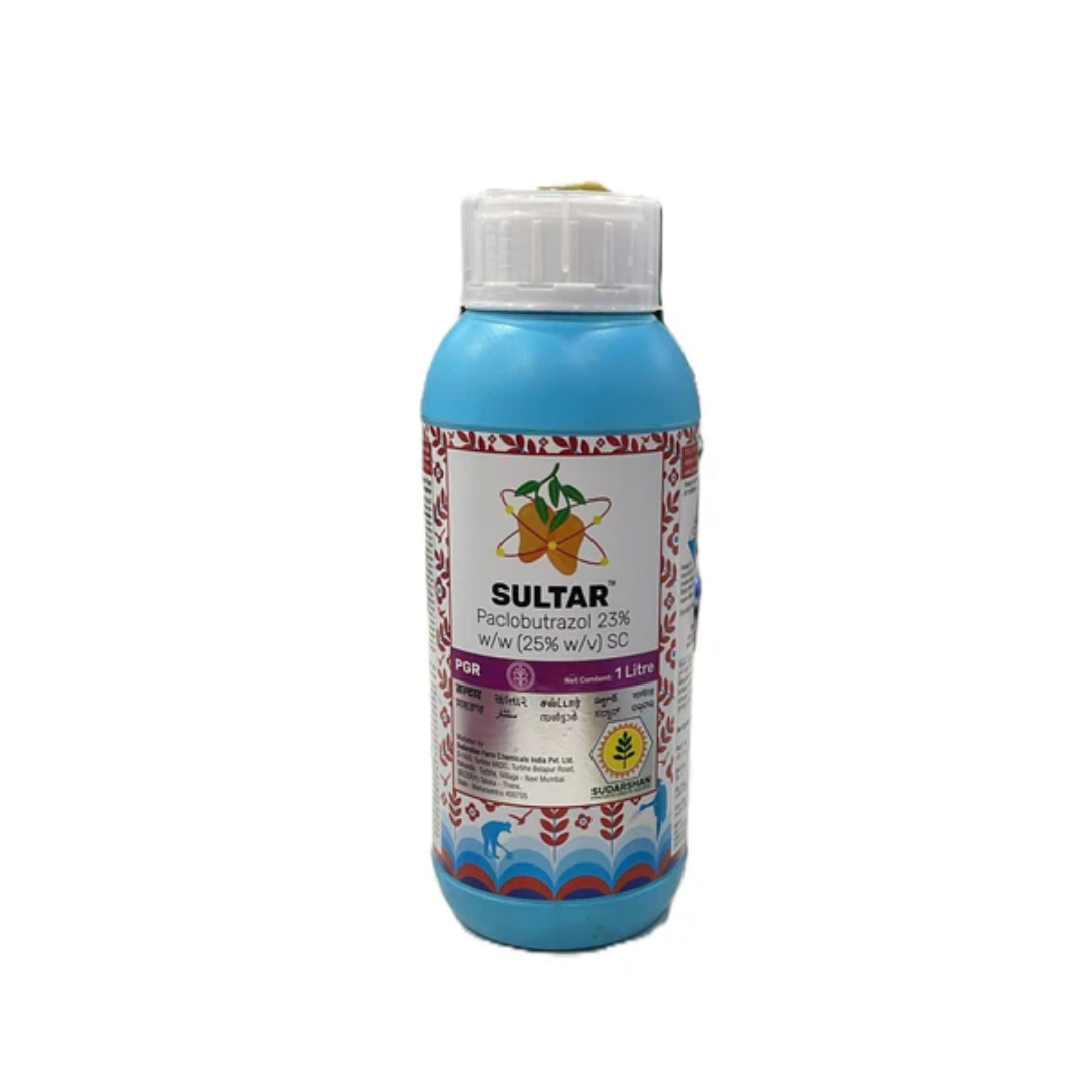 "Sultar Plant Growth Regulator by Sumitomo Chemicals, formulated as Paclobutrazol 23% SC, a systemic growth regulator for crops. Helps control vegetative growth, improves flowering and fruit set, enhances stress tolerance, and promotes better yield in fruit, ornamental, and field crops."