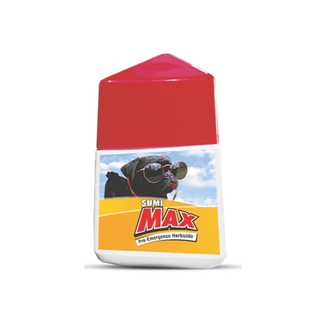 "Sumi Max Herbicide containing Flumioxazin 50% SC, a selective pre-emergence and early post-emergence herbicide that effectively controls a wide spectrum of grassy and broadleaf weeds in crops like soybean, cotton, and vegetables, ensuring cleaner fields and improved crop growth."