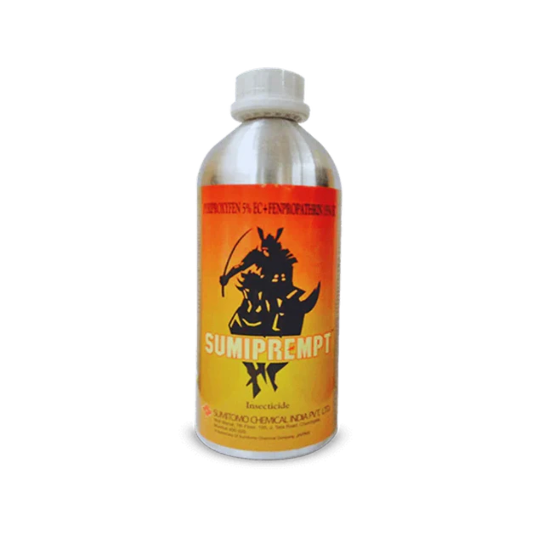 "Sumiprempt Insecticide is a dual-action broad-spectrum insecticide containing Pyriproxyfen 5% + Fenpropathrin 15% EC. It provides systemic and contact control of sucking pests like aphids, whiteflies, jassids, and chewing pests such as bollworms in crops like cotton, vegetables, and fruits, ensuring healthier crops and higher yields."