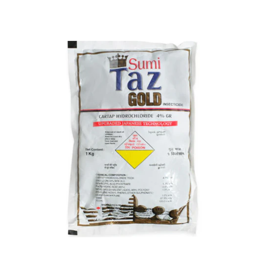Sumitaz Gold GR Insecticide by Sumitomo Chemical India Ltd., containing Cartap Hydrochloride 4% GR. The packaging highlights its granular formulation designed for effective control of stem borers and leaf folders in paddy (rice). The product branding, logo, and usage information appear on the front label, emphasizing its systemic and contact action for better crop protection.