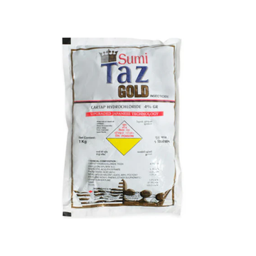 Sumitaz Gold GR Insecticide by Sumitomo Chemical India Ltd., containing Cartap Hydrochloride 4% GR. The packaging highlights its granular formulation designed for effective control of stem borers and leaf folders in paddy (rice). The product branding, logo, and usage information appear on the front label, emphasizing its systemic and contact action for better crop protection.