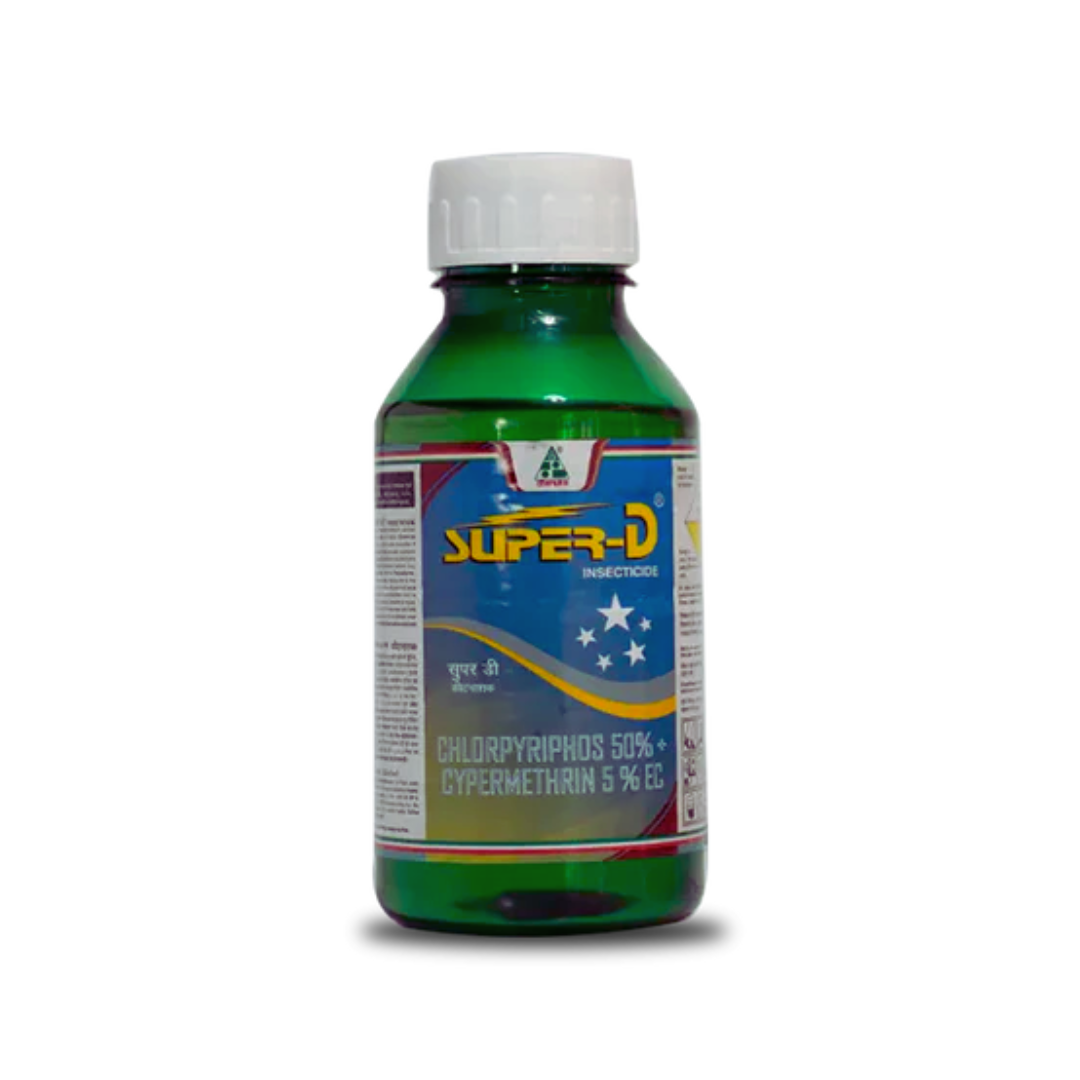 SuperD Insecticide – Chlorpyrifos 50% + Cypermethrin 5% EC, a broad-spectrum, fast-acting insecticide for effective control of chewing and sucking pests in crops like cotton, maize, brinjal, okra, and vegetables, providing both contact and stomach action.