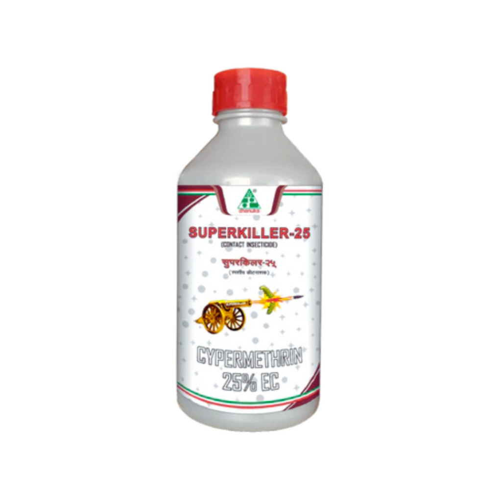 Superkiller-25 is a broad-spectrum insecticide containing Cypermethrin 25% EC, formulated to provide rapid contact and stomach action against a wide range of sucking and chewing pests in crops like cotton, vegetables, pulses, and cereals, ensuring effective pest control and improved crop health.