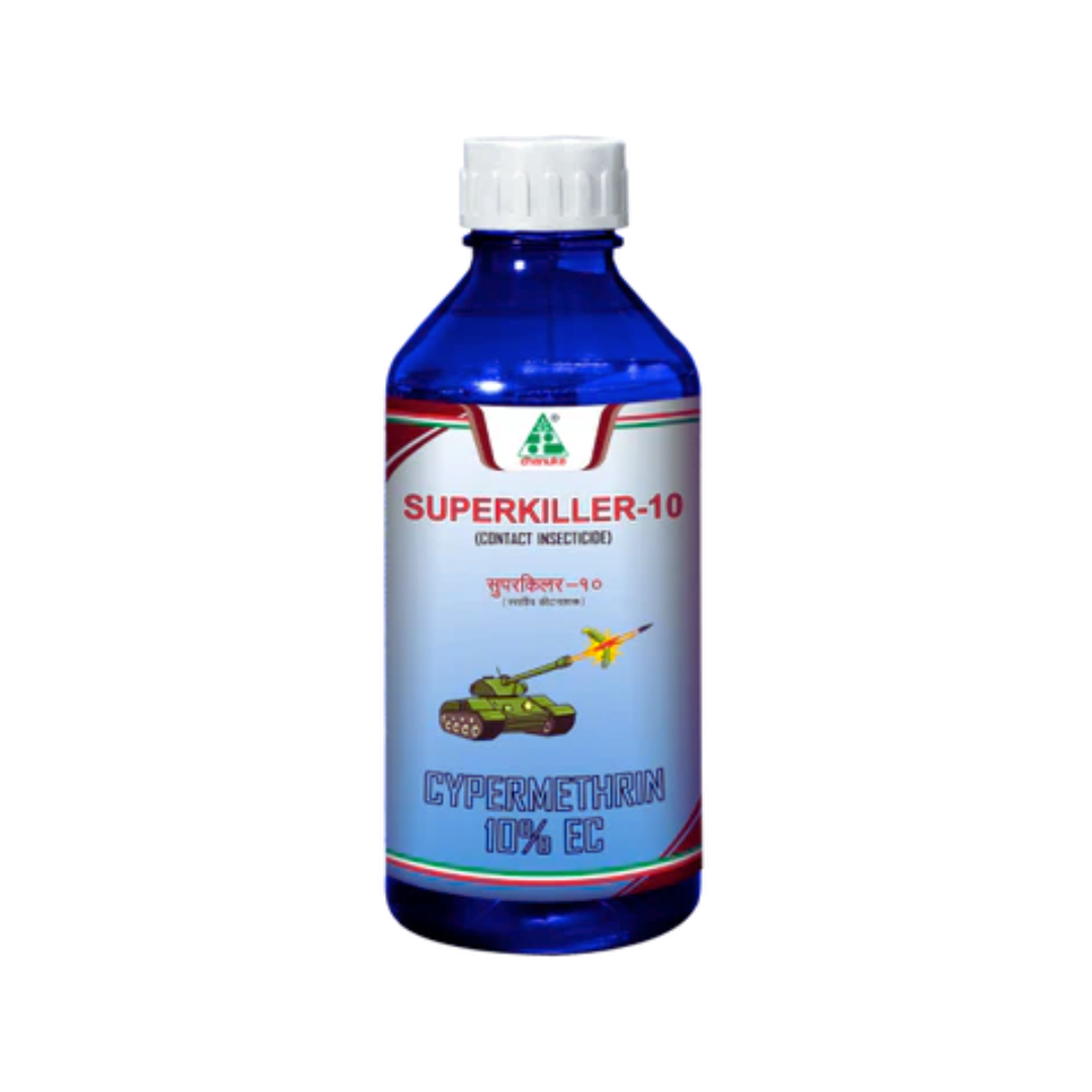 Superkiller 10 is a broad-spectrum insecticide with Cypermethrin 10% EC, effective against chewing and sucking pests like bollworms, caterpillars, whiteflies, aphids, and thrips in crops such as cotton, sugarcane, maize, and vegetables, providing rapid knockdown and crop protection.