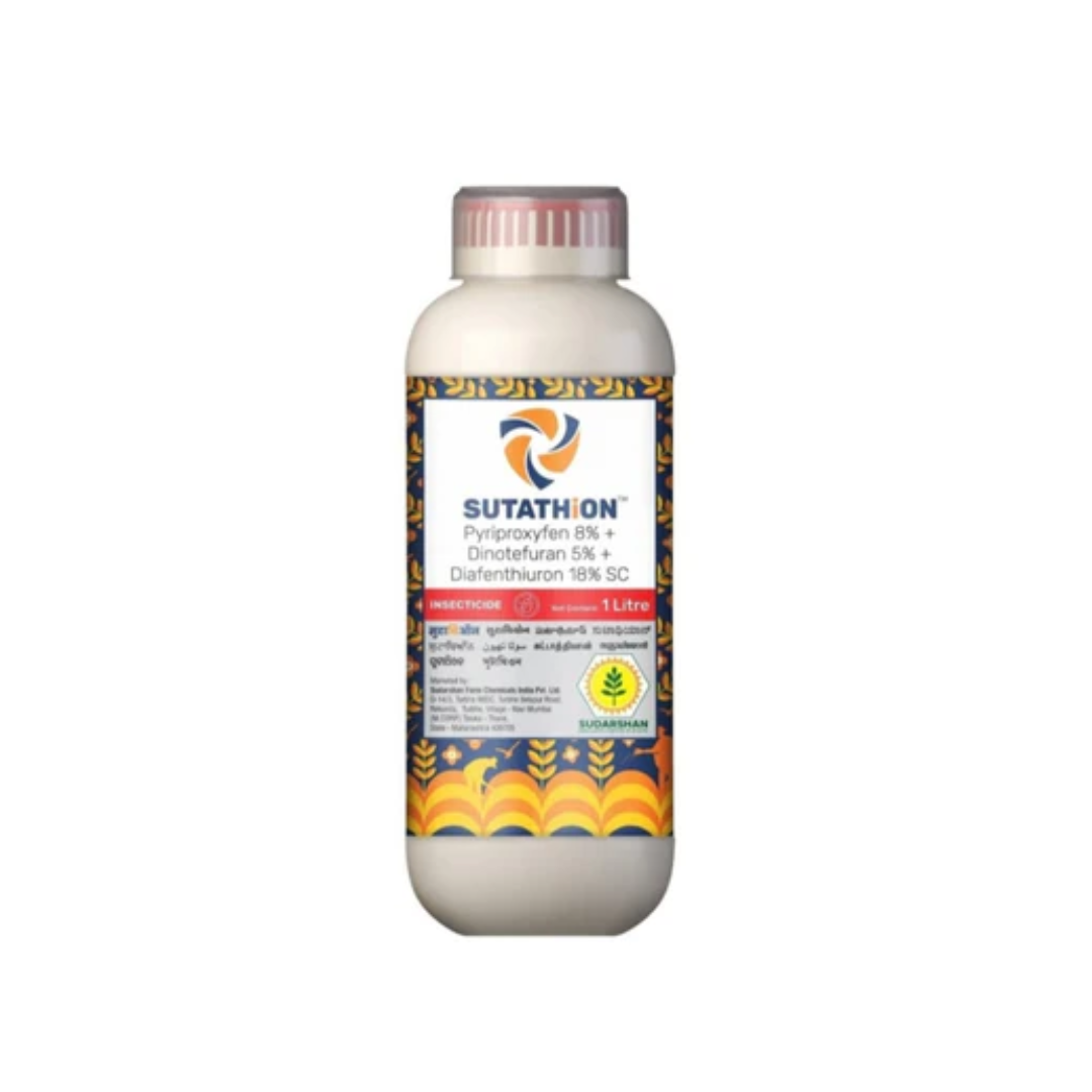 "Sutathion Insecticide from Sumitomo Chemicals combines Pyriproxyfen 8%, Dinotefuran 5%, and Diafenthiuron 18% SC in a soluble concentrate (SC) formulation. It provides dual-action control of sucking pests like whiteflies, aphids, jassids, and chewing pests in crops such as cotton, chilli, tomato, and brinjal, offering rapid knockdown and long-term suppression by disrupting insect growth, feeding, and reproduction."