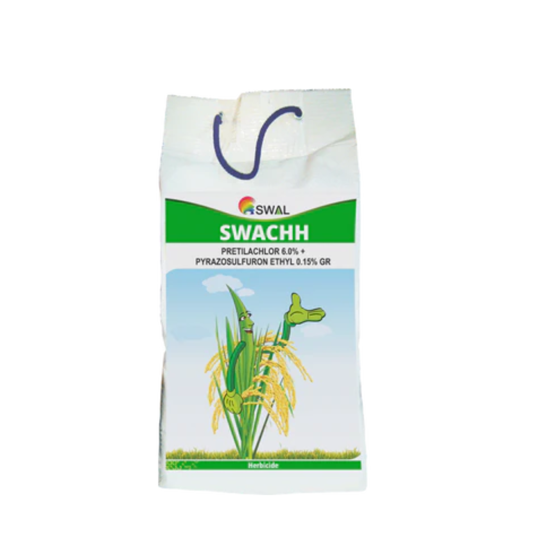 "Swachh Herbicide by SWAL, a granular herbicide combining Pretilachlor 6% and Pyrazosulfuron-ethyl 0.15%, used in rice crops for effective pre-emergence control of grassy and broadleaf weeds, ensuring healthy crop growth and higher yield."