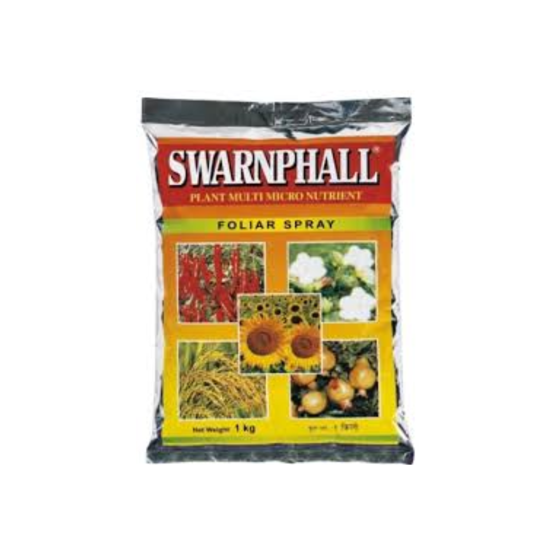 Swarnphall Foliar Spray – a water-soluble multi-micronutrient mix containing Iron, Zinc, Manganese, and other essential nutrients for foliar application. Enhances plant growth, corrects micronutrient deficiencies, improves yield, and promotes overall crop health across vegetables, fruits, cereals, and field crops.