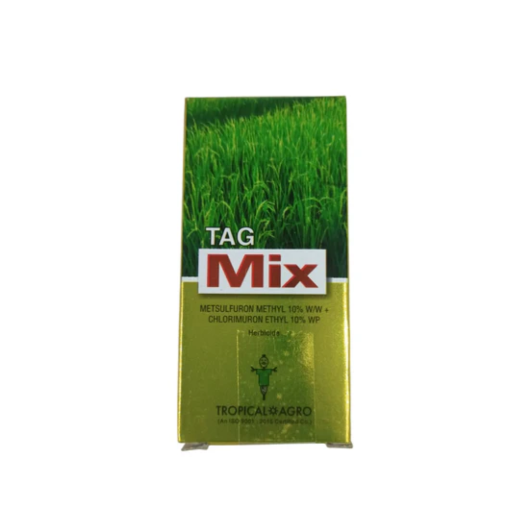Tag Mix Herbicide from Tropical Agro is a selective post-emergence herbicide combining Metsulfuron-Methyl 10% WP and Chlorimuron-Ethyl 10% WP. It effectively controls broadleaf weeds in crops like sugarcane and cotton while being safe for the main crop when applied as directed.
