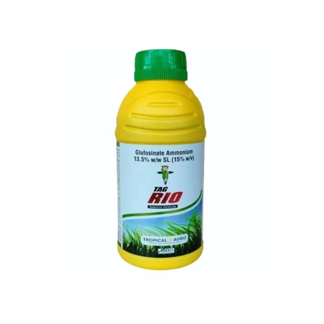 Tag Rio Herbicide by Tropical Agro is a non-selective, post-emergence herbicide containing Glufosinate Ammonium 13.5% w/w SL, designed to control a wide range of weeds in crops through contact action, ensuring clean fields and improved crop growth.