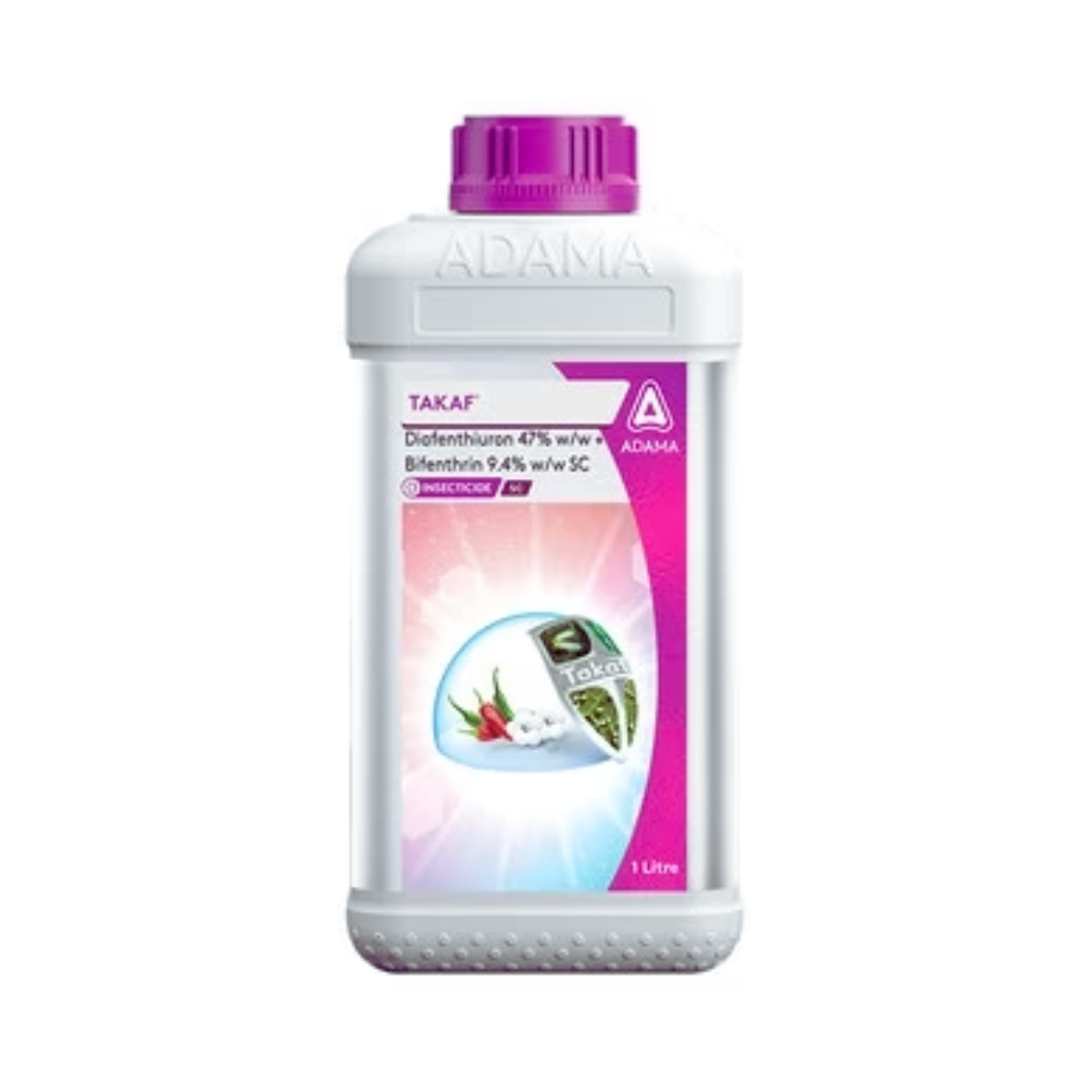 Takaf Insecticide (Diafenthiuron 47% + Bifenthrin 9.4% SC) provides broad-spectrum control of sucking and chewing pests in cotton and vegetable crops, ensuring long-lasting protection and better yields.
