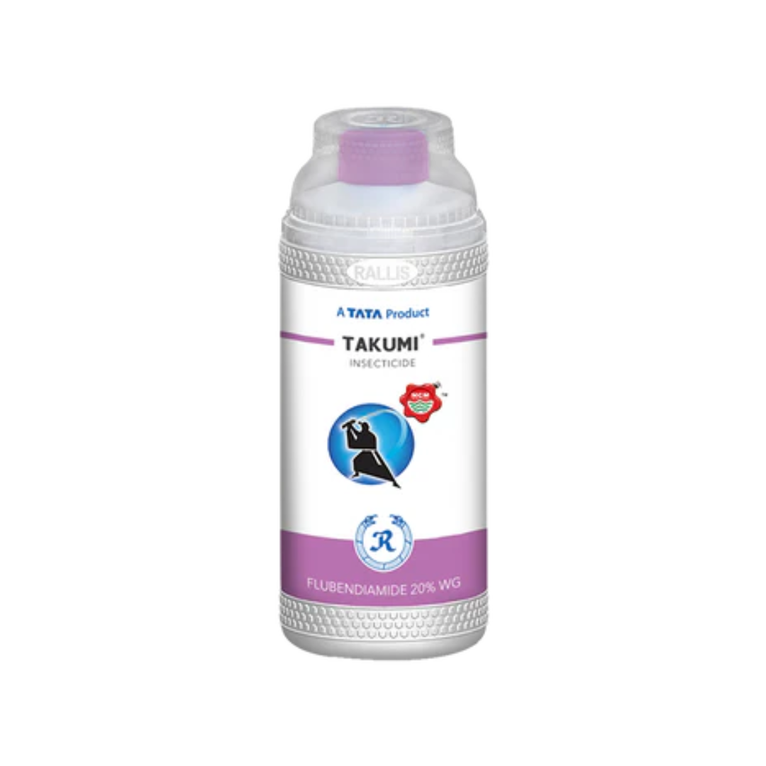 Takumi is a water-dispersible granule (WG) insecticide containing Flubendiamide 20%, designed for controlling lepidopteran pests such as caterpillars and borers in crops like cotton, rice, and vegetables.