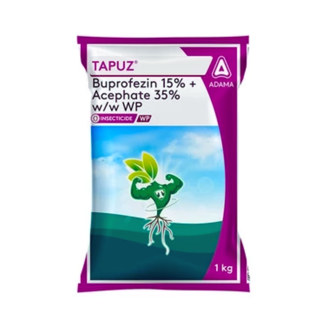 Tapuz insecticide containing Buprofezin 15% and Acephate 35% WP, used for controlling sap-sucking pests in crops.