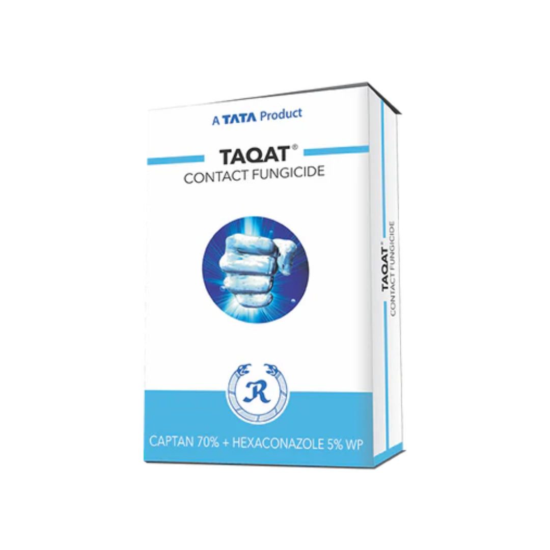 Taqat Contact Fungicide (Captan 70% WP + Hexaconazole 5% WP) by Tata Rallis is a dual-action fungicide that combines contact and systemic protection. It effectively controls a wide range of fungal diseases like fruit rot, leaf spot, and powdery mildew in fruits and vegetables, promoting healthier crops and improved yield quality.