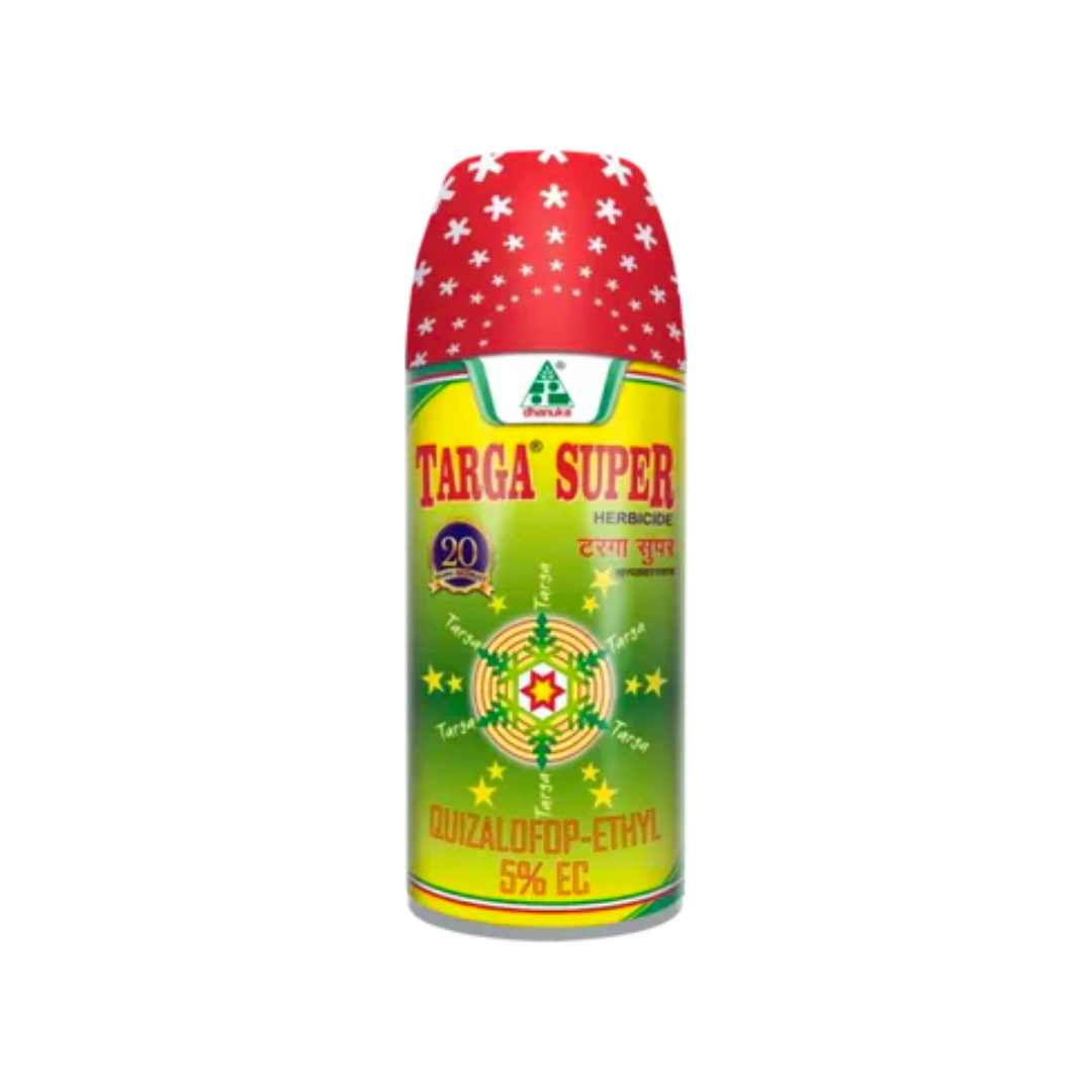 Targa Super is a selective post-emergence herbicide containing Quizalofop Ethyl 5% EC by Dhanuka, designed to control narrow-leaf weeds in crops like maize and rice while being safe for the crop.
