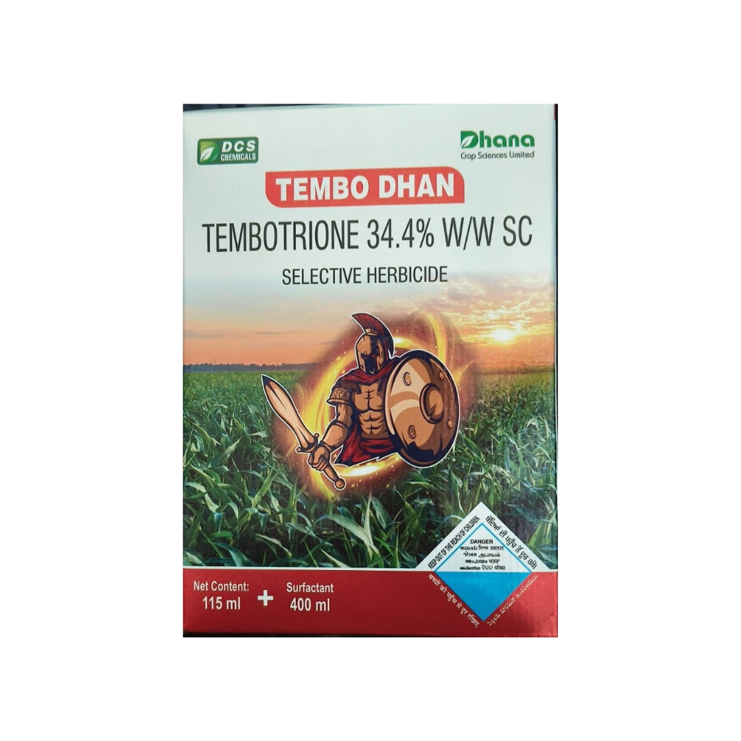 Tembo Dhan Herbicide – Tembotrione 34.4% w/w SC bottle for post-emergence weed control in maize, broadleaf and grassy weed management.