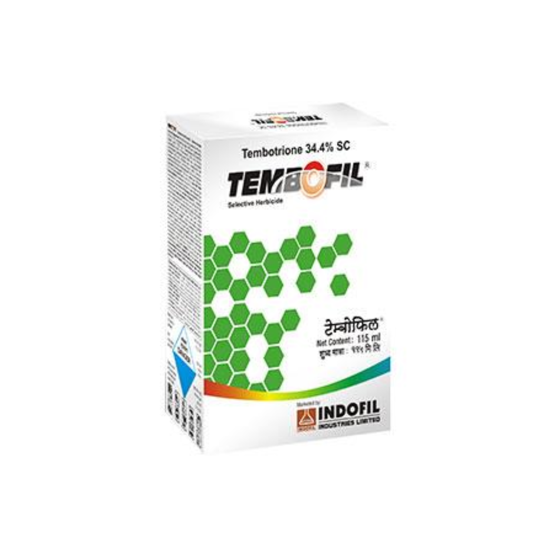 Image of Tembofil Herbicide bottle containing Tembotrione 34.4% w/w, used for post-emergence control of broadleaf and grassy weeds in maize, featuring product label, branding, and usage instructions.