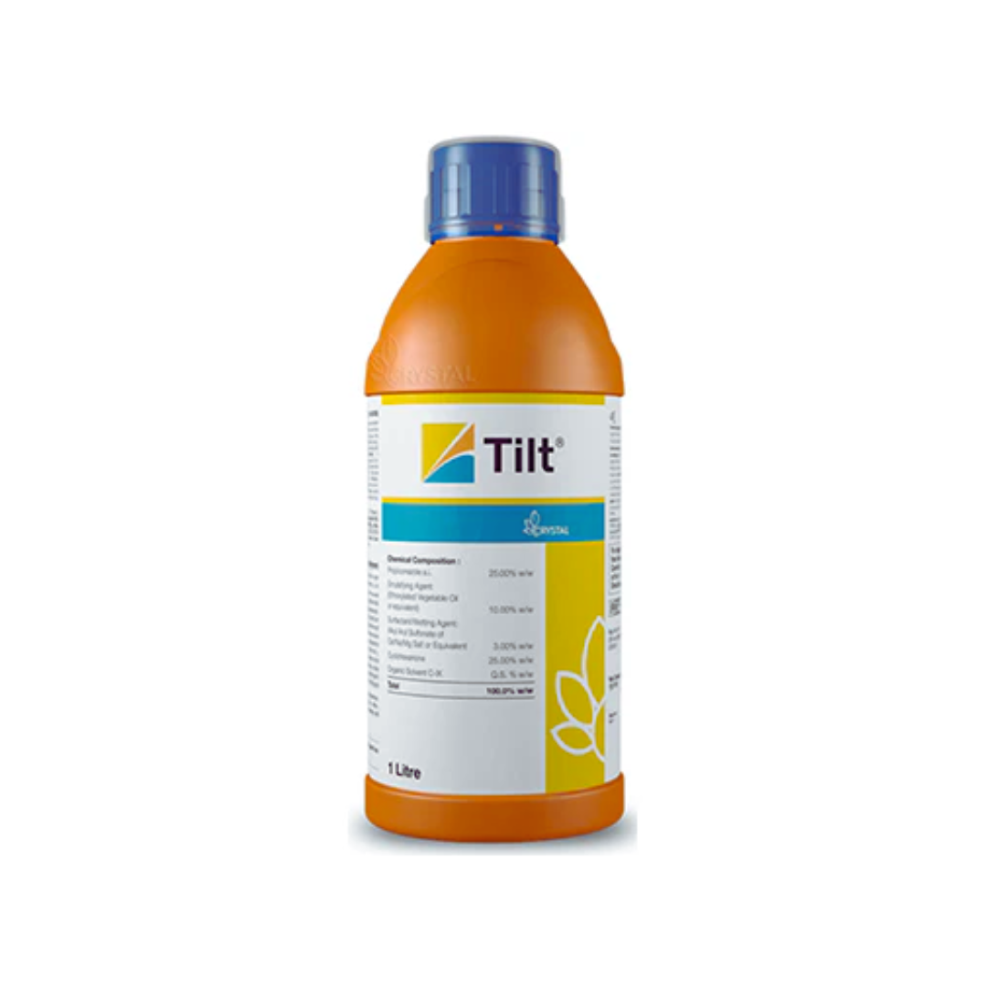 Tilt fungicide bottle showing formulation - Propiconazole 25% EC - a systemic fungicide used for controlling leaf spots, rusts, blights, and other fungal diseases in crops like cereals, fruits, and vegetables, promoting healthy plant growth and higher yield.
