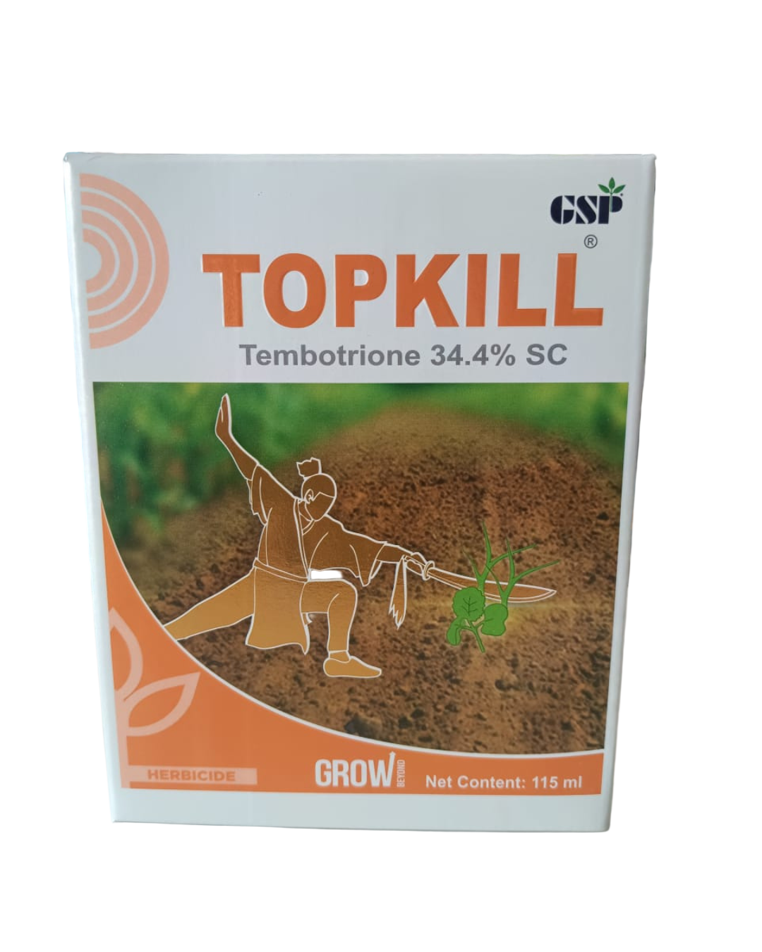 Topkill Herbicide bottle labeled Tembotrione 34.4% SC, a post-emergence herbicide used in maize for effective control of broadleaf and grassy weeds, ensuring cleaner fields, better crop growth, and higher yields.