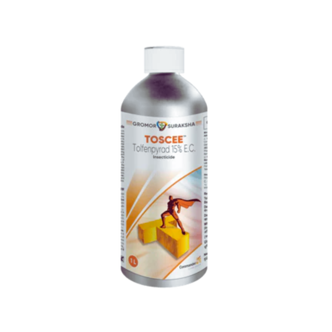 Toscee is a Coromandel insecticide formulated with Tolfenpyrad 15% EC, providing effective control of leaf-eating pests and caterpillars in crops through contact and stomach action.
