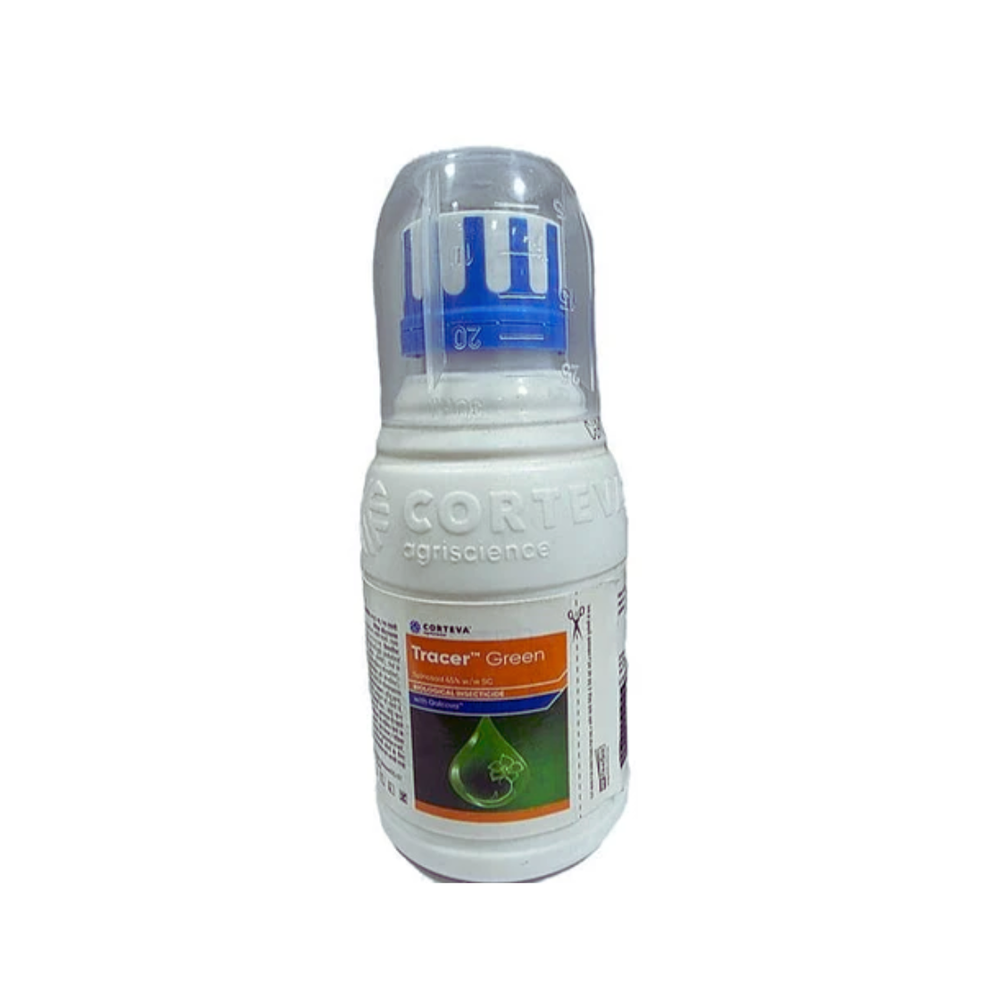 Tracer insecticide containing 44.03% w/w Spinosad, a broad-spectrum bio-insecticide effective against caterpillars, thrips, leaf miners, and other chewing pests in crops, providing fast knockdown and long-lasting control.