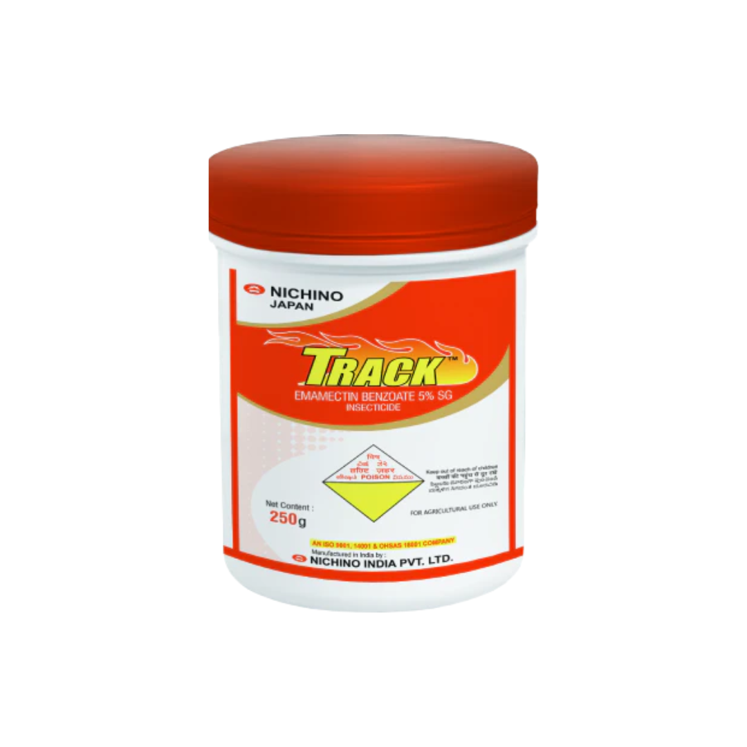 Track Insecticide – Emamectin Benzoate 5% SG is a soluble granule (SG) insecticide providing rapid and long-lasting control of lepidopteran pests like caterpillars, loopers, and bollworms in crops such as cotton, vegetables, and fruits.