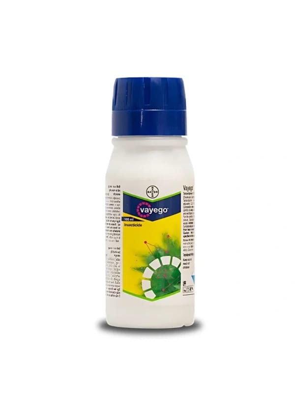 Vayego insecticide bottle showing formulation — Tetraniliprole 200 SC (~18.8% w/w) — a systemic and contact insecticide designed to control a wide range of chewing pests in crops, ensuring healthy plant growth and improved yield.