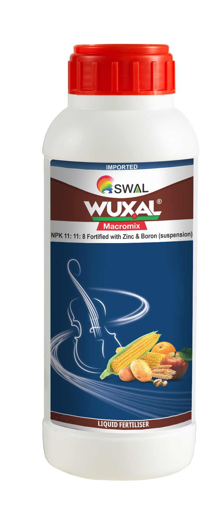A white bottle with a red cap labeled 'Wuxal Macromix', featuring LIQUID FERTILIZER for plants and text describing the product.