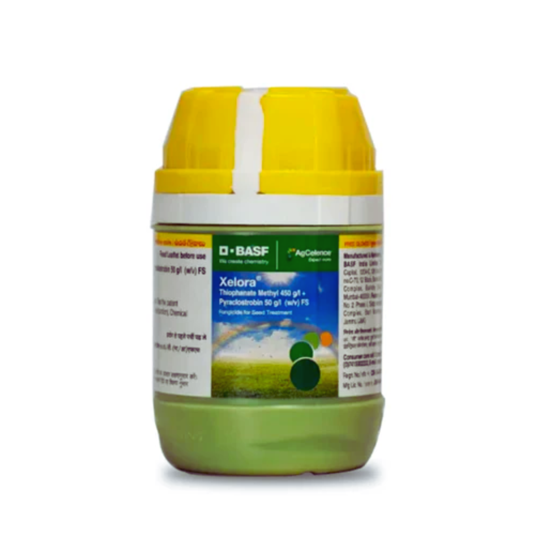 Xelora fungicide containing Pyraclostrobin 50 g/L and Thiophanate-methyl 450 g/L FS, used for controlling fungal diseases in crops.