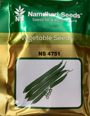 NS 4751 F1 Hybrid Ridge Gourd seeds pack with label, high-yielding hybrid variety for uniform, tender ridge gourd production in vegetable farming