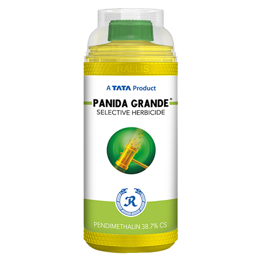 Tata Panida Grande herbicide bottle with label, pre-emergent weed control solution for effective management of grasses and broadleaf weeds in crops