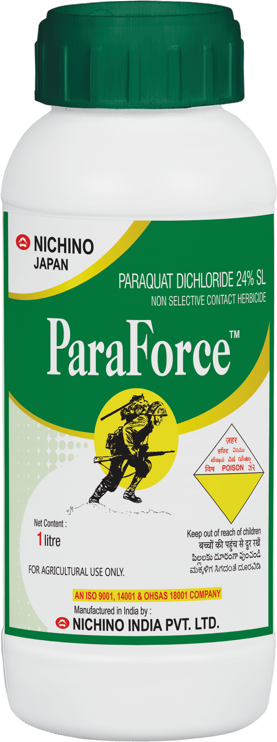 Paraforce Herbicide by NICHINO – fast-acting non-selective weed killer for agricultural and industrial use, 1-liter bottle