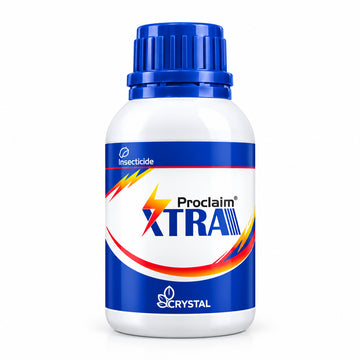 A white plastic bottle of Proclaim XTRA insecticide with a blue cap and a blue, white, and red label, shown on a white background.