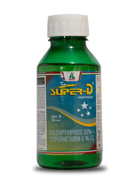 Super D insecticide – Dhanuka Agritech dual‑action EC bottle containing Chlorpyrifos 50% + Cypermethrin 5%, broad‑spectrum foliar spray for sucking and chewing pests.